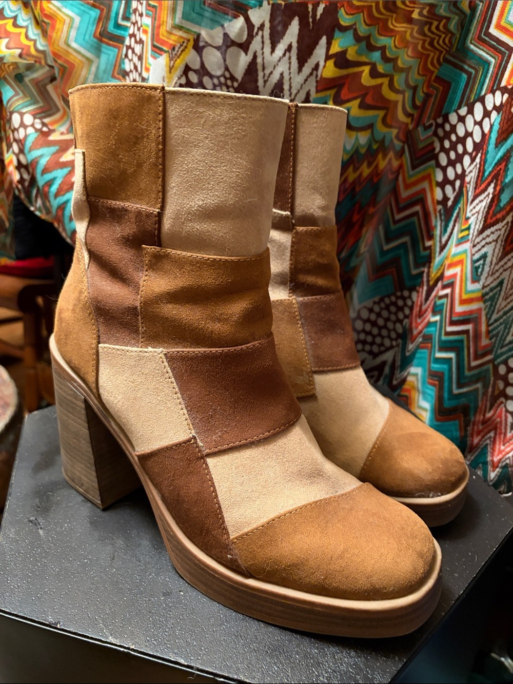 Womens Patchwork SuedeLike Block Heel Ankle Boots - Brown/Tan